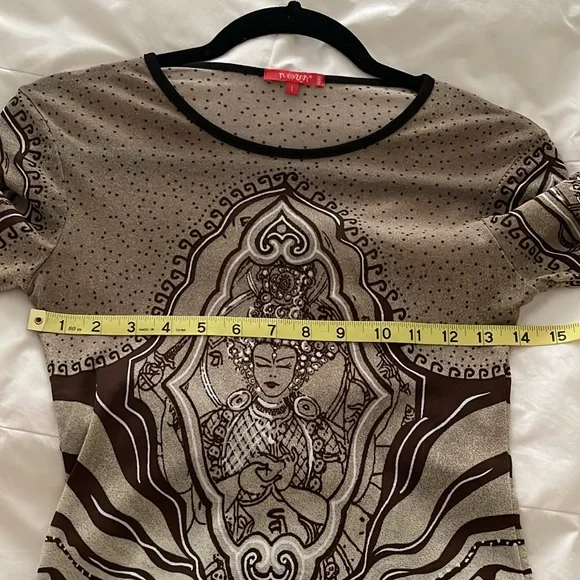 Vintage Noun Paris Tribal Print Y2K 3/4 Sleeve Knit Top BrownBeige made n France - Picture 9 of 11